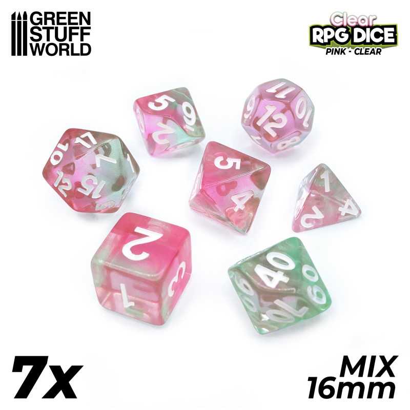 GreenStuffWorld - 7x Mix 16mm Dice - Clear Pink