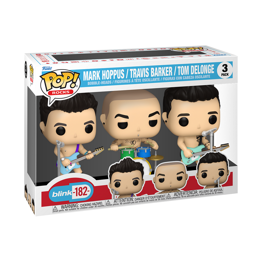 What's My Age Again Pop! 3-Pack of Blink-182 features Pop! Mark Hoppus, Travis Barker, and Tom DeLonge 9cm