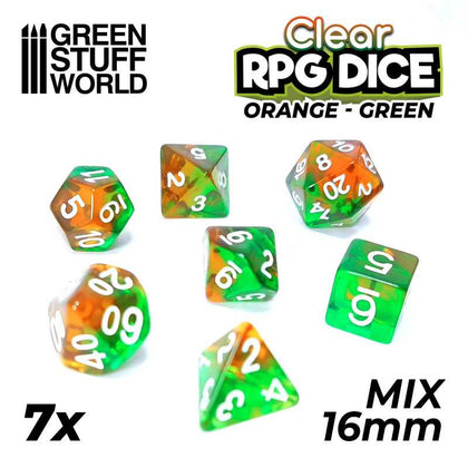 GreenStuffWorld - 7x Mix 16mm Dice - Clear Orange/Green
