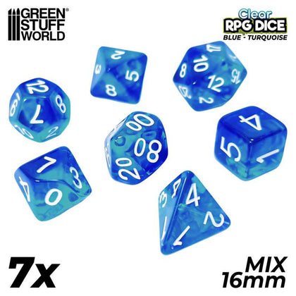 GreenStuffWorld - 7x Mix 16mm Dice - Blu e Turchese Trasparente