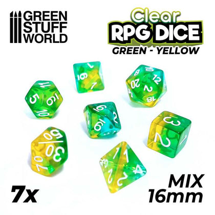 GreenStuffWorld - 7x Mix 16mm Dice - Clear Green/Yellow