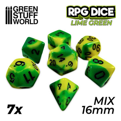 GreenStuffWorld - 7x Mix 16mm Dice - Lime Swirl