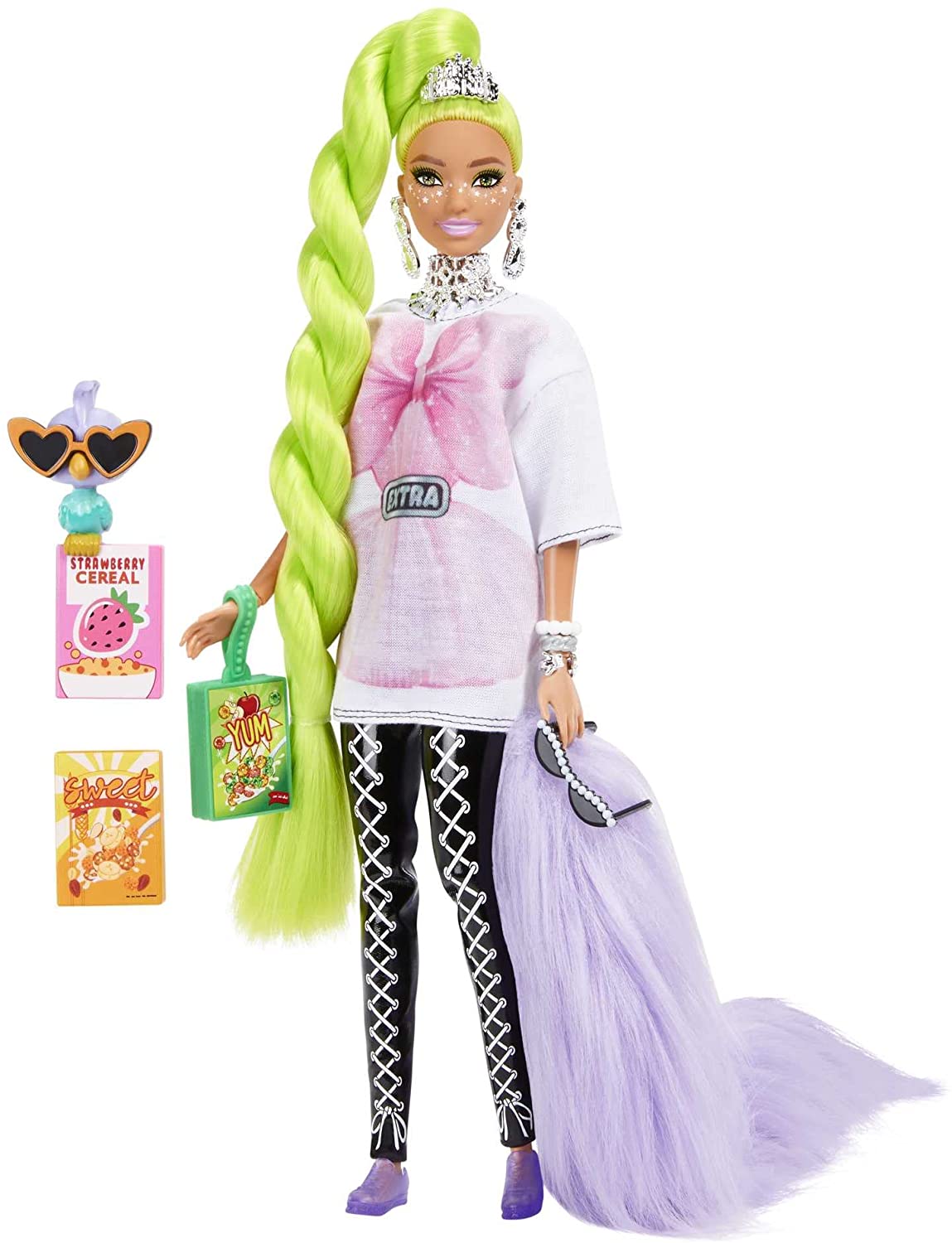 Barbie Extra con Lunghissimi Capelli Verde Fluo, Maglietta Larga e Leggins