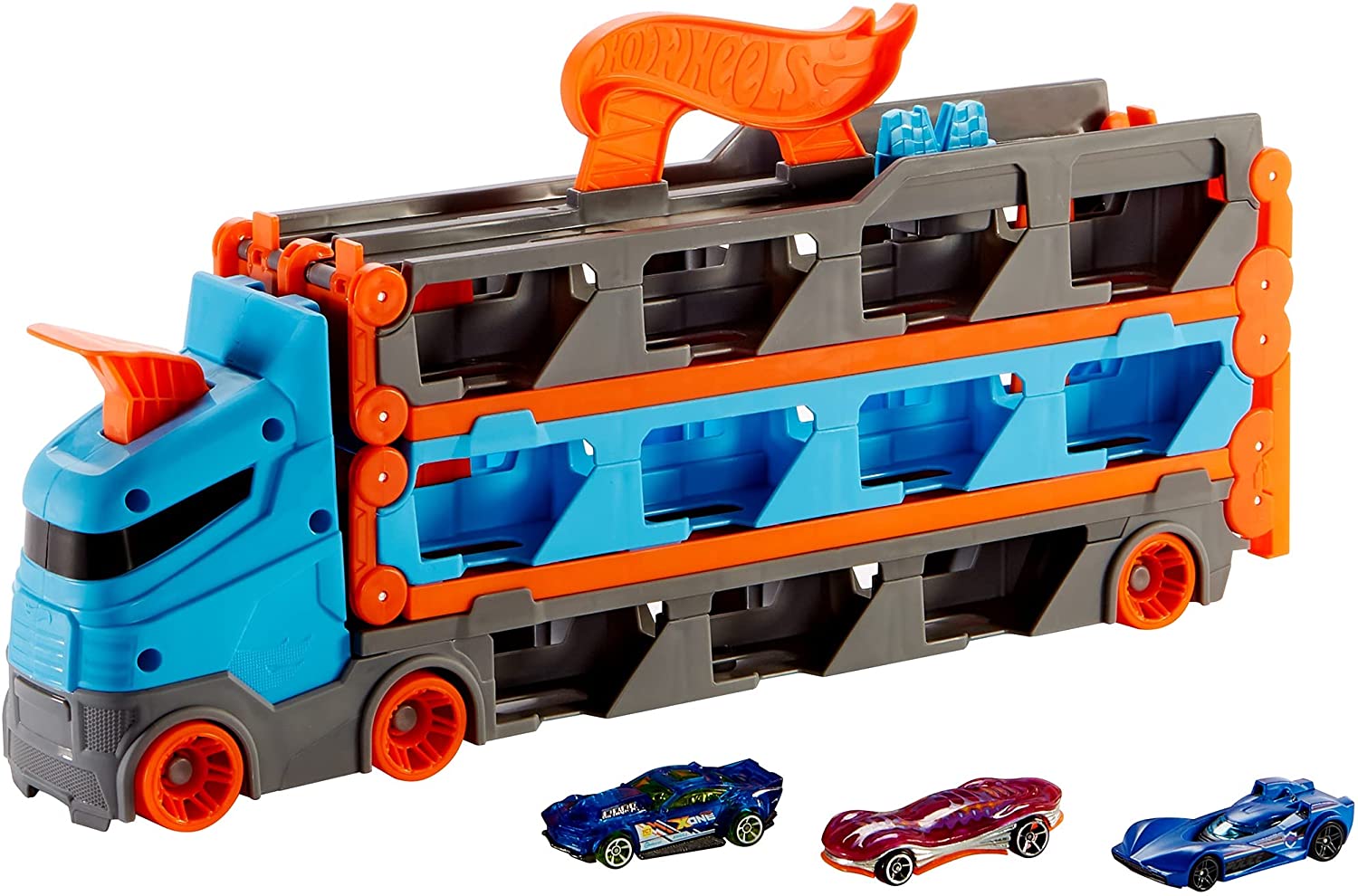 Mattel - Hot Wheels 2in1 Camion Trasportatore e Pista con 3 Macchinine