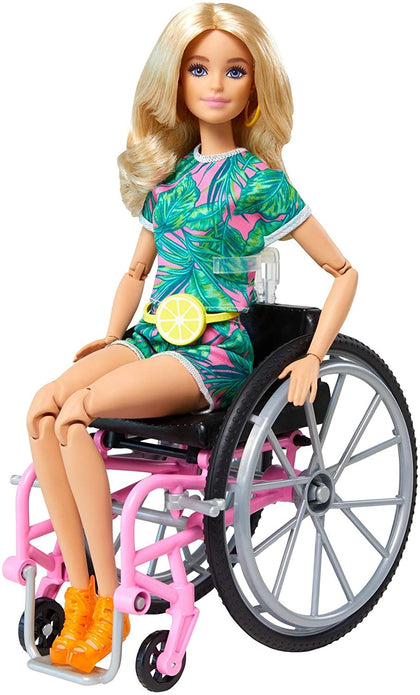 Barbie Fashionista- doll with a wheelchair and long blond hair, fashionable clothes and accessories
