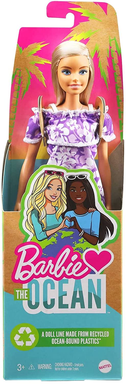 Barbie Loves The Ocean - Bambola Bionda Con Vestito Floreale, Realizzata In Plastica Riciclata, Giocattolo Eco Per Bambine 3+ Anni - 4