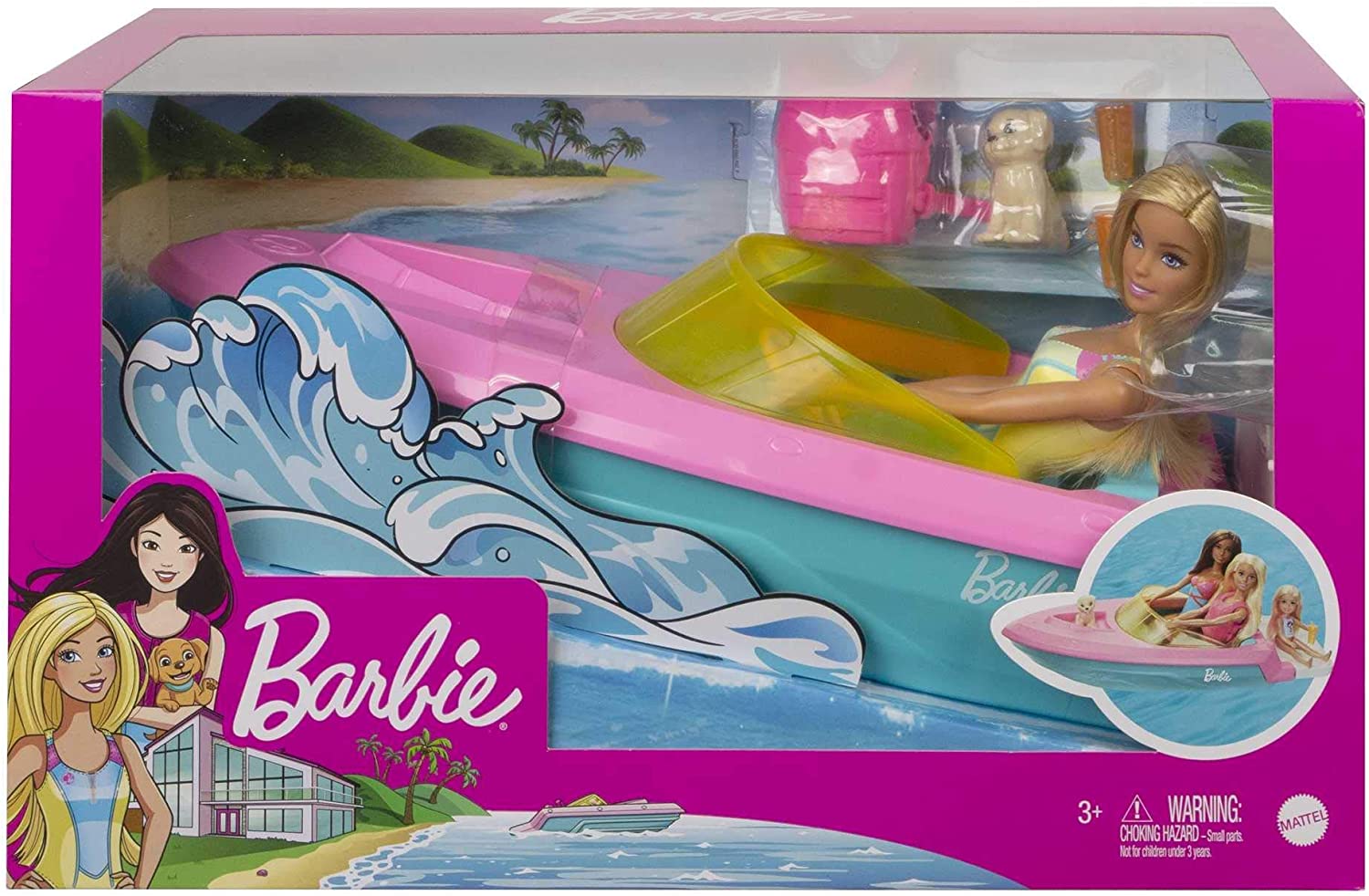 Barbie- Playset con Bambola Bionda, Motoscafo galleggiante con cucciolo e accessori