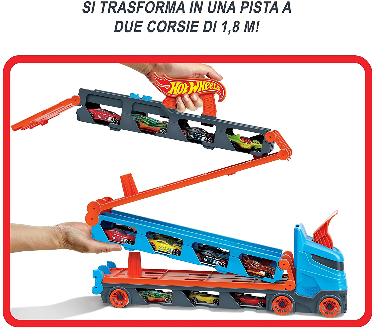 Mattel - Hot Wheels 2in1 Camion Trasportatore e Pista con 3 Macchinine