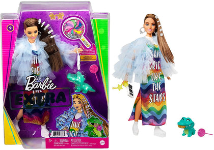 Barbie Extra Brunette Doll with Rainbow Dress and Light Blue Jacket