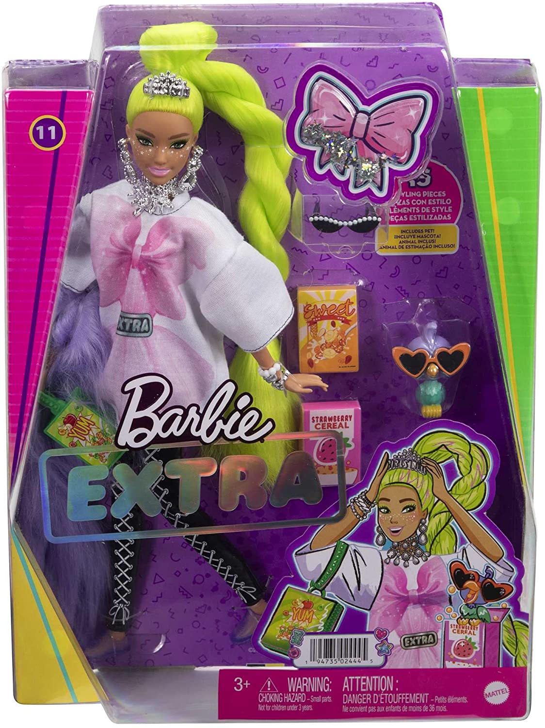 Barbie Extra con Lunghissimi Capelli Verde Fluo, Maglietta Larga e Leggins