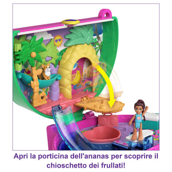 Polly Pocket Cofanetto Piscina Splashtastic, Playset Con Piscina, Due Bambole, Scivolo, Fenicottero E Carrello Gelati Trasformabile, Per Bambine E Bambini 3+ Anni (FTP75)